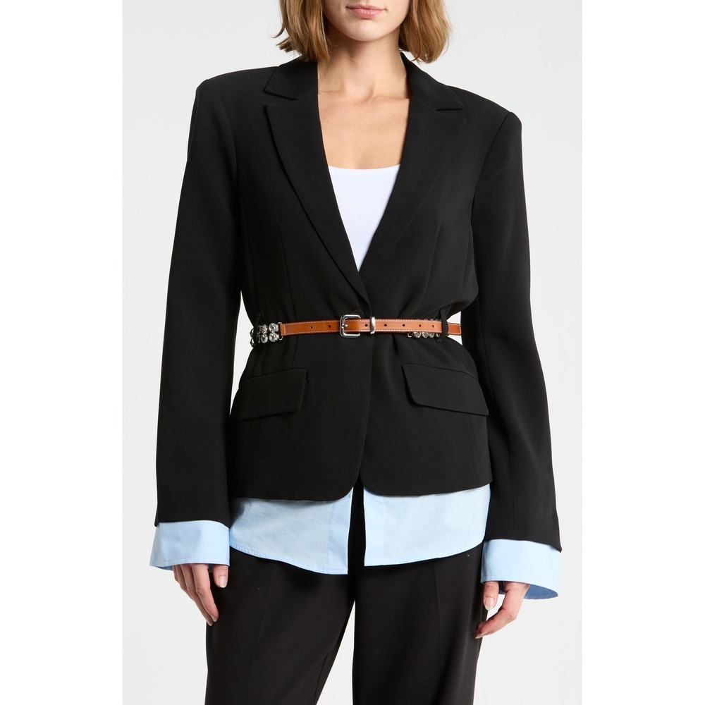 Cinq a Sept Black Layered Mixed Media Blazer with Blue Shirt Trim Size 6
